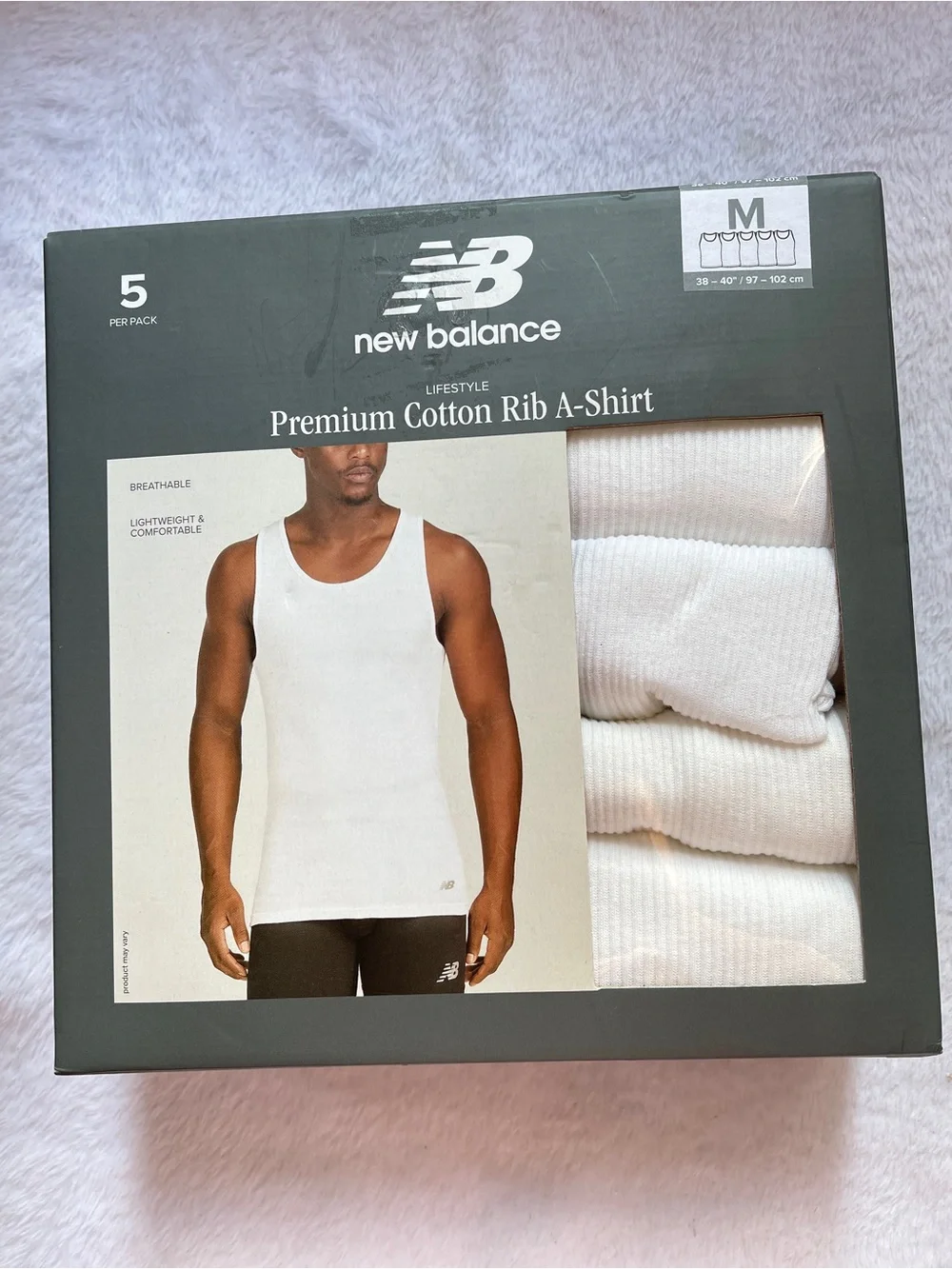 New Balance Men’s Premium Cotton Rib A-Shirt Tank Top White (5 Pack) Size M